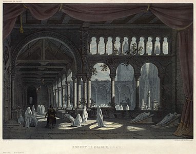 Set design for Ballet of the Nuns, by Pierre-Luc-Charles Cicéri, Eugène Cicéri, Philippe Benoist and Adolphe Jean-Baptiste Bayot (restored by Adam Cuerden)