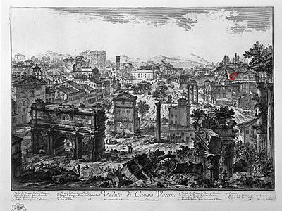 Santa Maria Liberatrice al Foro Romano (vid den röda pilen) på Veduta di Campo Vaccino, gravyr av Giovanni Battista Piranesi.