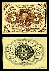 First issue of the five-cent fractional currency, by the American Bank Note Company and the United States Department of the Treasury