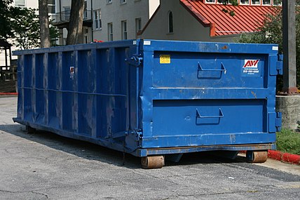 A low height blue Allied Waste rolloff container