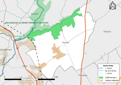 Localisation de la ZNIEFF de type 1 sur la commune[Note 2].