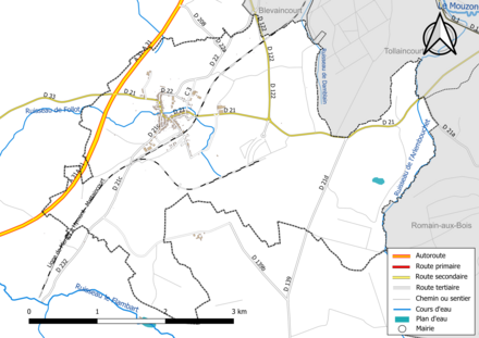 Carte en couleur présentant le réseau hydrographique de la commune