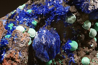 Azurite and malachite crystals found in Bisbee, Arizona