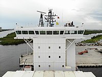 Navigational bridge of a cargo ship docked in Port Everglades, Florida