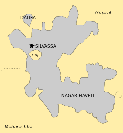 Dadra and Nagar Haveli map in grey depicting the Gujarati enclave village of Maghval in cream