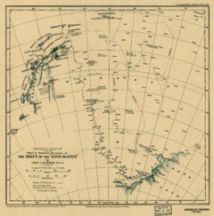 Old chart showing incomplete Antarctia coastline. The chart indicates the line of Endurance's 1915 drift, also the earlier drift of Filchner's Deutschland and the line of James Weddell's 1823 voyage