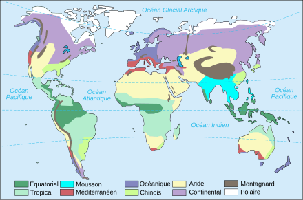 Carte du monde climatique en couleur.