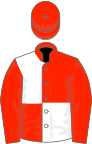 Scarlet & white (vertically halved) back & front reversed, opposing sleeves, quartered cap