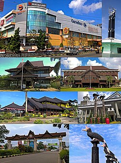 Clockwise from top left: shopping complex in Pontianak Town; the North Pontianak equatorial monument; some of the official government buildings; traditional Malay house; traditional Borneo birds sculpture; road gate of Pontianak city; and Enggang Badak sculpture