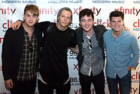 Rixton at the Click 98.9 New Artist Showcase, August 2014. From left to right: Danny Wilkin, Lewi Morgan, Jake Roche and Charley Bagnall.