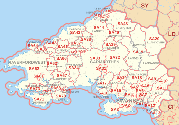 SA postcode area map, showing postcode districts, post towns and neighbouring postcode areas.