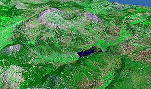 Plain is fertile, lake with high water, Snow on Mount Kyllini (2.374 m), NASA WorldWind (8 km)