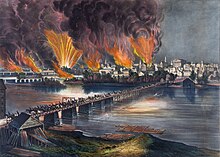 A color drawing of a city skyline in flames as a steady stream of people on horses or in horse-drawn carriages cross a long bridge over a river.