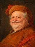 Sir John Falstaff peint par Eduard von Grützner (huile sur toile, 1921).