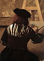 Detail of Vermeer's The Art of Painting with artist using mahlstick