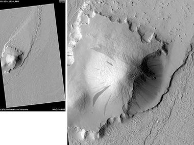 Streamlined Island in Marte Vallis, as seen by HiRISE. Click on image for good view of dark slope streaks. Island is just to the west of Pettit Crater. Scale bar is 500 meters long.