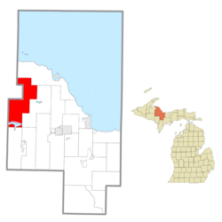 Location within Marquette County (red) and the administered community of Michigamme (pink)