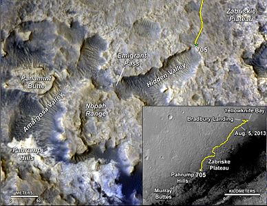 Position de Curiosity face à Hidden Valley, le 31 juillet (sol 705). En haut à gauche, au nord de Panamint Butte, la vallée Owens, que le rover empruntera en septembre ; en bas à gauche (zone claire), les Pahrump Hills, qu'il explorera ensuite pendant six mois.