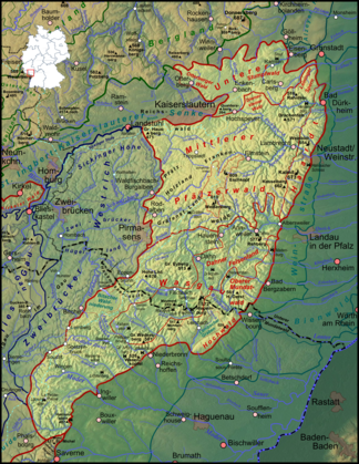 Naturräumliche Definition des Pfälzerwaldes (aufgehelltes und rot umrandetes Gebiet); die schwarze, gestrichelte Linie markiert den Verlauf der deutsch-französischen Grenze