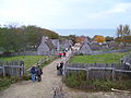 view from the fort at Plimoth Plantation, looking down a re-creation of Leyden Street, the first street in Plymouth