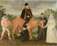 Satirical Flemish painting painted c.1586, three years after Anjou's Antwerp fiasco; depicting a cow which represents the Dutch provinces. King Philip II of Spain vainly tries to ride the cow, drawing blood with his spurs. Queen Elizabeth I feeds it while William of Orange holds it steady by the horns. The cow is defecating on the Duke of Anjou, who holds its tail. (Toronto Public Library)