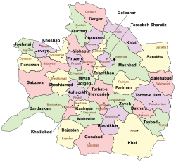 Location of Golbahar County in Razavi Khorasan Province (top center, yellow)