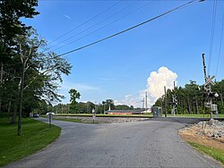 Norfolk Southern Railway crossing and Russell Baptist Church in Russell