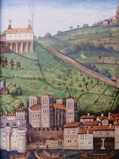 Miniature couleur montrant la colline de Fourvière, sur les pentes de laquelle une riche maison a été bâtie