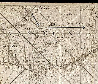 Carte maritime représentant la Côte de l'Or vers 1700 avec le nom de tous les forts européens, de plusieurs États africains ainsi que les flèches marquant le chemin parcouru entre les trois cour