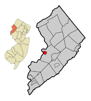 Location of Belvidere in Warren County highlighted in red (right). Inset map: Location of Warren County in New Jersey highlighted in orange (left).