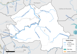 Carte en couleur présentant le réseau hydrographique de la commune