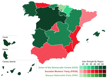 Map of Spain showcasing winning party's strength by autonomous community