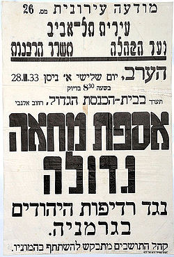 כרזה על אספת מחאה בתל אביב, ב-28 במרץ 1933