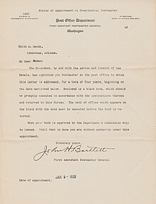 Edith's Postmaster Appointment Letter 1928