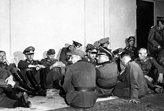 German officers and staff, prisoners at the Hôtel Majestic, the German military headquarters, shortly after the Liberation. (National Archives and Records Administration, USA)