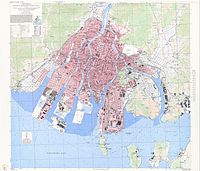 1945年の広島市地図。米軍作成。この時点では外堀は消え、中堀も一部を除きほぼ消滅しているとわかる。