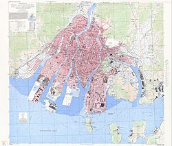 1945年の米軍作成による広島市地図 / 現在地に所在する"City Hall"（市役所）が確認できる。