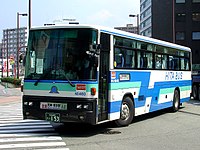 460 高速バス「ひた号」に使用されていたオリジナル塗装の自社発注車。この塗色は2015年頃に全車廃車となり消滅したのち、部分的にデザインを変更し2018年に復活している。