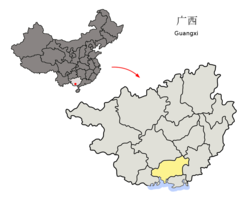 広西チワン族自治区中の欽州市の位置