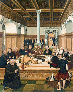 Cristiandad occidental (protestante): La última cena, de Lucas Cranach el Joven (1565). En primer plano, en posición orante, el comitente, Joaquín I de Anhalt-Dessau,[10]​ y el propio pintor, representado como copero. Lutero y Melanchton son representados como apóstoles.