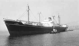 A black-and-white photograph of a ship