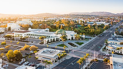 Aerial view of Escondido City Hall and Grape Day Park behind