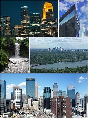 Clockwise from top left: Downtown Minneapolis at night, U.S. Bank Stadium, the skyline from Lake Nokomis, Minneapolis skyline and Minnehaha Falls