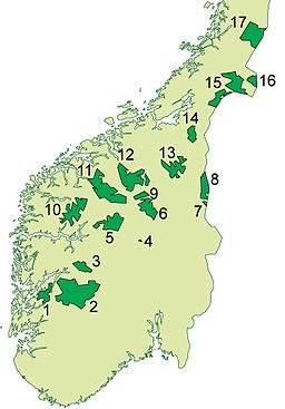 Karta över nationalparker i Sydnorge. Lierne nationalpark har nummer 16.