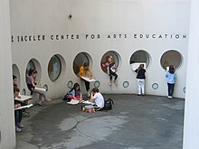 Photographie prise à l'intérieur du musée Guggenheim. Sur le mur on peut lire l'inscription "Sackler Center for Arts Education".trois niveaux.