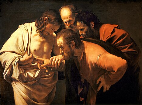 Peinture de trois hommes se penchant vers le Christ, le regard incrédule, tandis que l'un plonge son doigt dans la plaie qu'il a au côté.