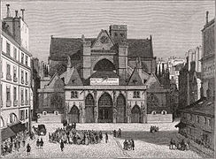 Vue de la place Saint-Germain-l'Auxerrois et de l'église en 1834 ainsi que du début de la rue Chilpéric qui longe le côté gauche de l'église (l'église a été désaffectée de 1831 à 1837 et portait alors l'inscription « Mairie du 4e arrondissement »[8])