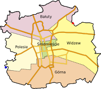 Karta över Łódźs stadsdelar.