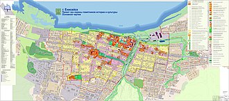 Carte du centre historique de la ville de Ienisseïsk avec en légende les différents monuments classés. Le périmètre est délimité au moyen de pointillés.