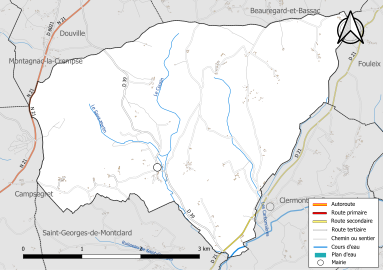 Carte en couleur présentant le réseau hydrographique de la commune